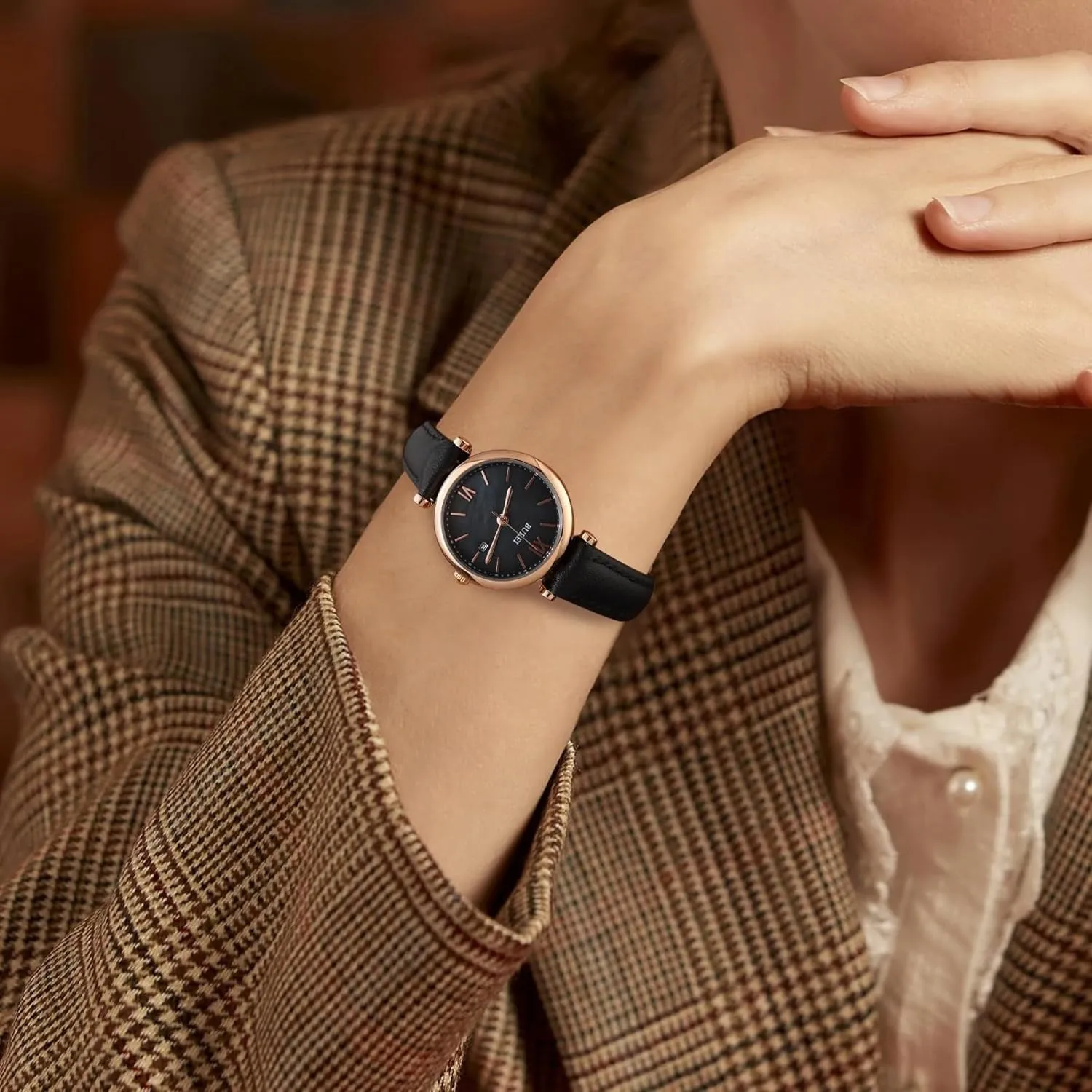 BUREI Women's Black Leather Strap Watch Fashion Simple Analog Quartz Waterproof Watches for Women Three Hands,Gift for her