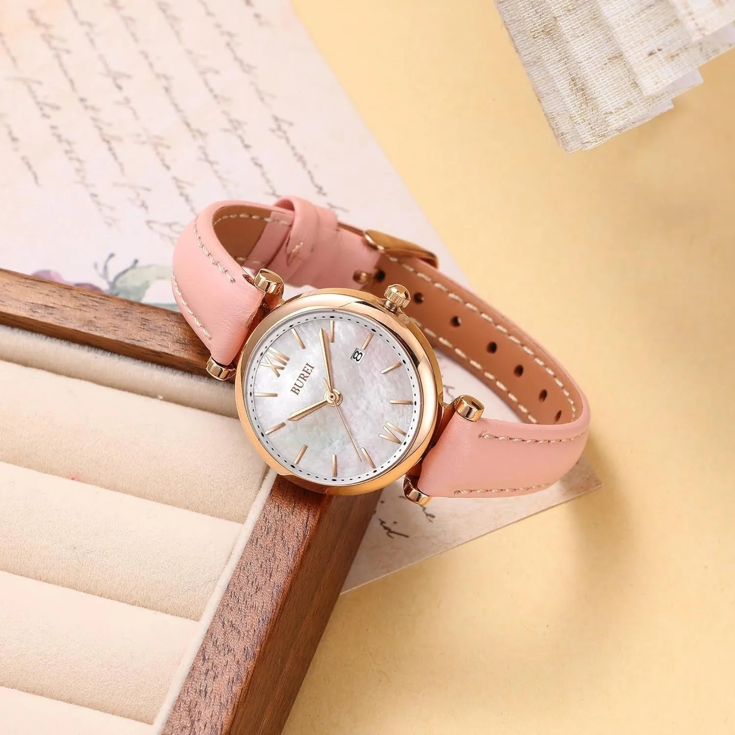 BUREI Women's Black Leather Strap Watch Fashion Simple Analog Quartz Waterproof Watches for Women Three Hands,Gift for her