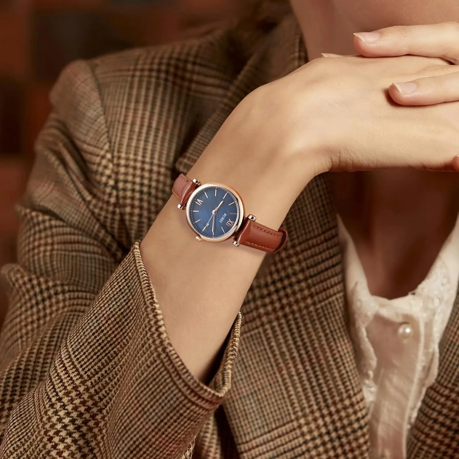 BUREI Women's Black Leather Strap Watch Fashion Simple Analog Quartz Waterproof Watches for Women Three Hands,Gift for her