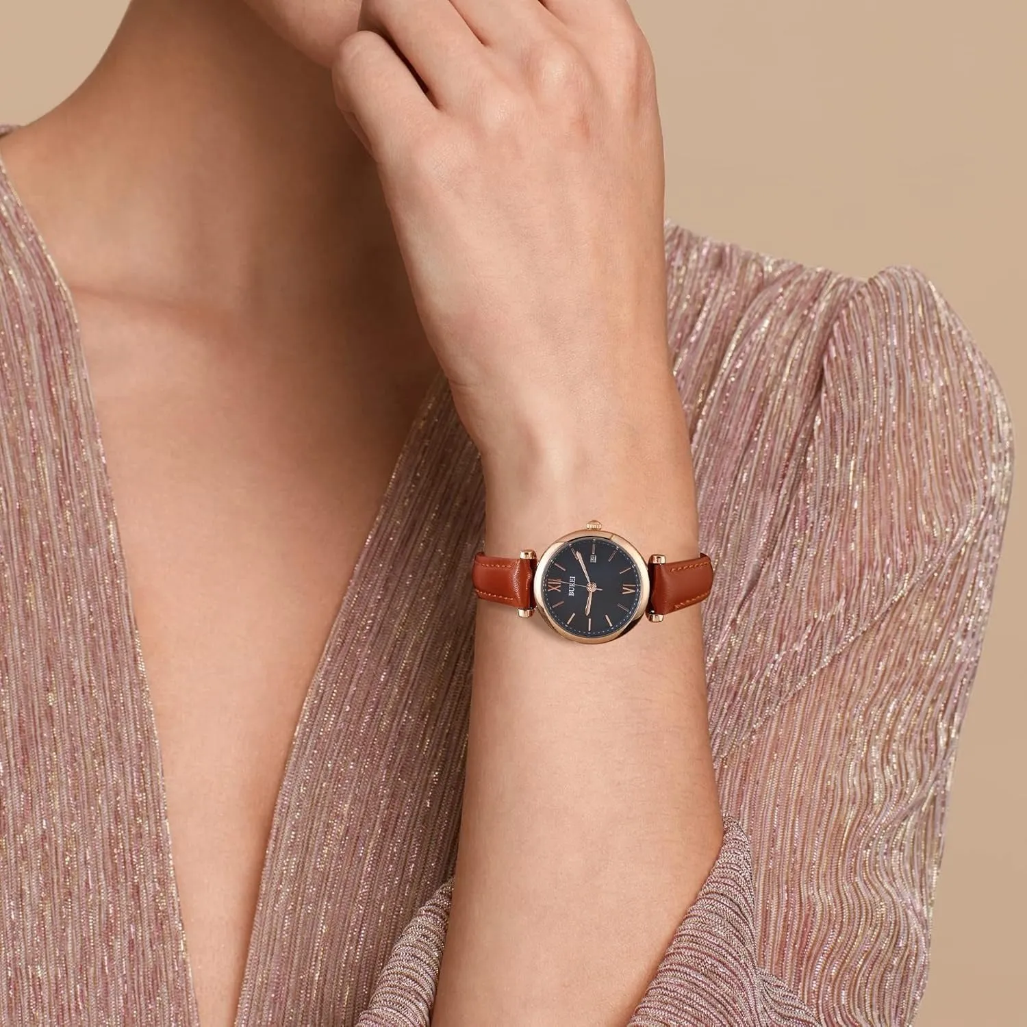 BUREI Women's Black Leather Strap Watch Fashion Simple Analog Quartz Waterproof Watches for Women Three Hands,Gift for her