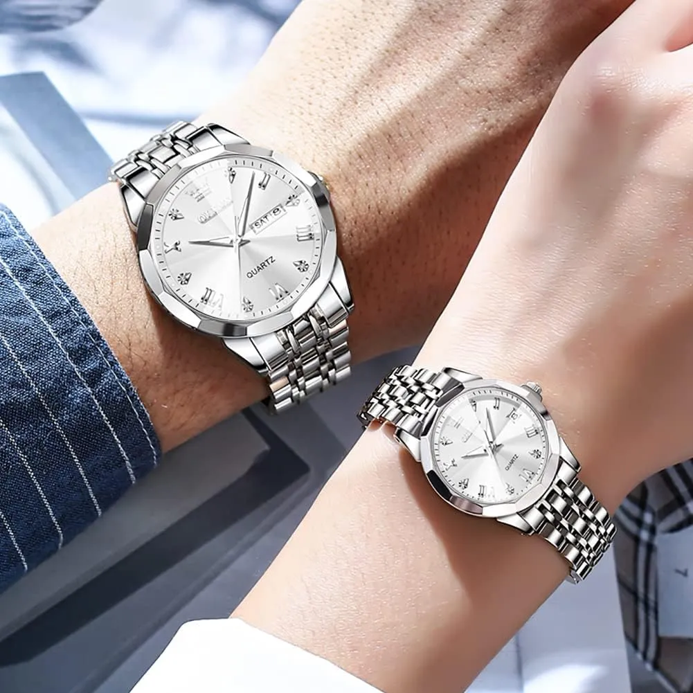 Business Analog Quartz Men and Women Watches Stainless Steel Waterproof Luminous Date Wrist Watch OLEVS Couple Watch tenant His and Her Set Watches 
