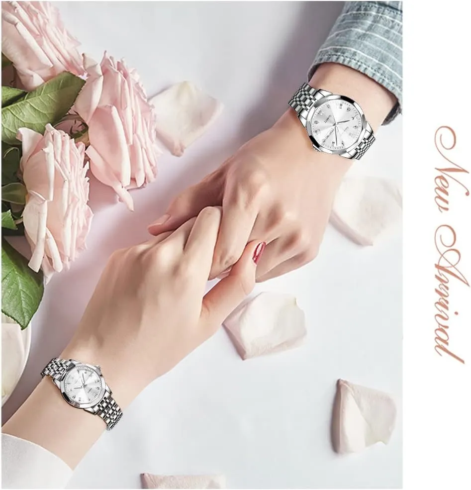 Business Analog Quartz Men and Women Watches Stainless Steel Waterproof Luminous Date Wrist Watch OLEVS Couple Watch tenant His and Her Set Watches 