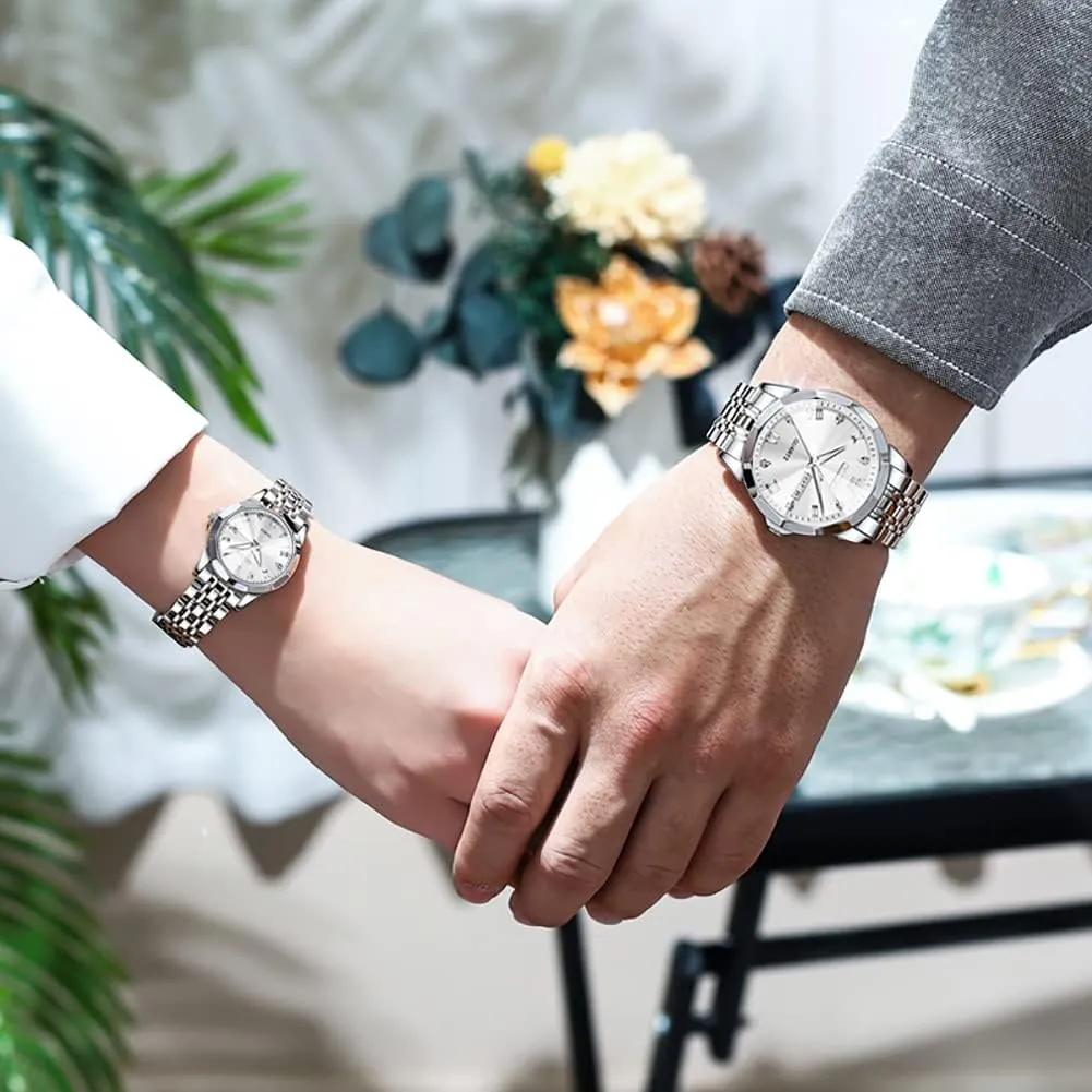 Business Analog Quartz Men and Women Watches Stainless Steel Waterproof Luminous Date Wrist Watch OLEVS Couple Watch tenant His and Her Set Watches 