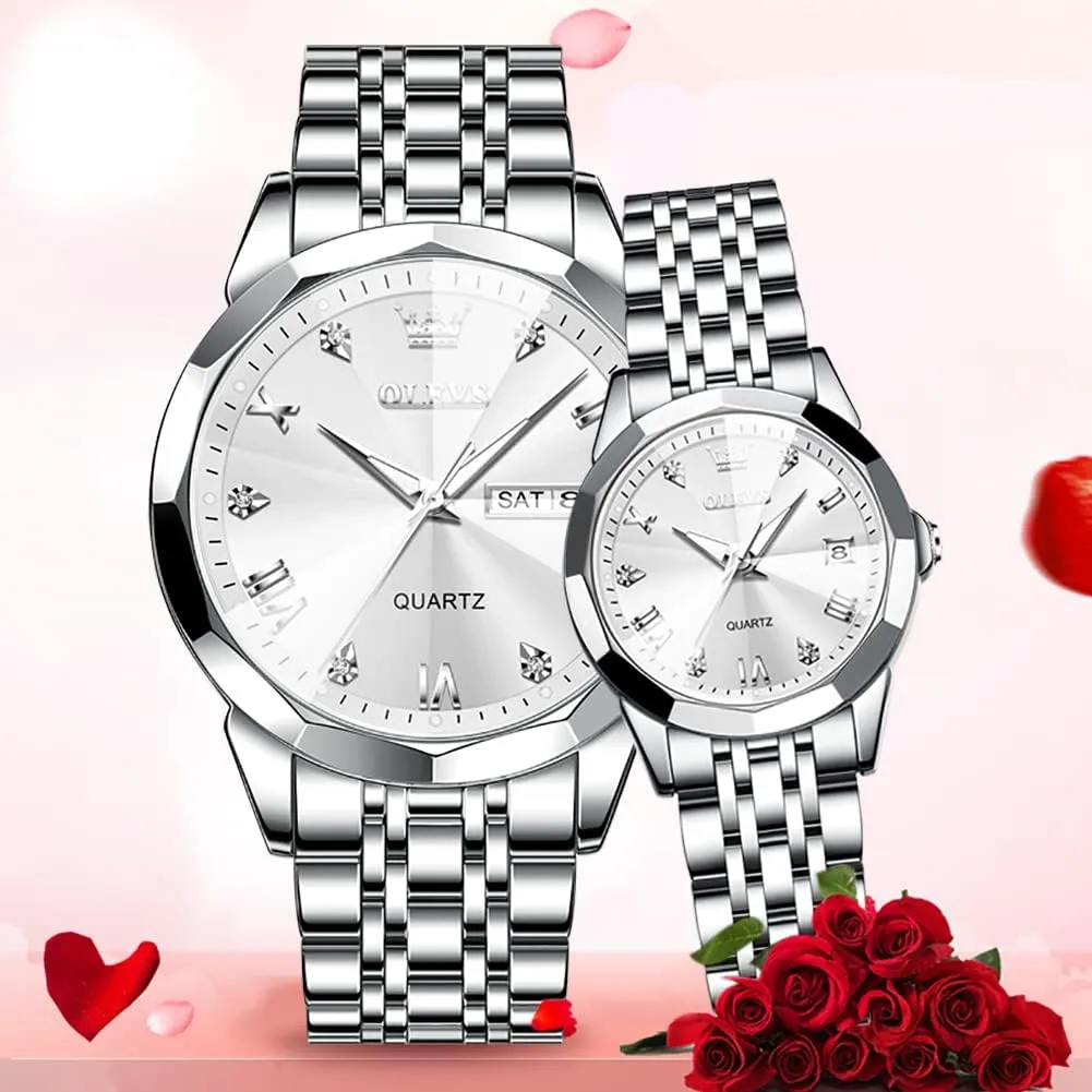 Business Analog Quartz Men and Women Watches Stainless Steel Waterproof Luminous Date Wrist Watch OLEVS Couple Watch tenant His and Her Set Watches 