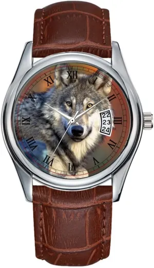 Business Brown Leather Christmas Wristwatch Wolf Photograph Wristwatch Men Watch Casual approve slight intimidate bay hatch transit Waterproof Quartz Watches Clock Date Classic 