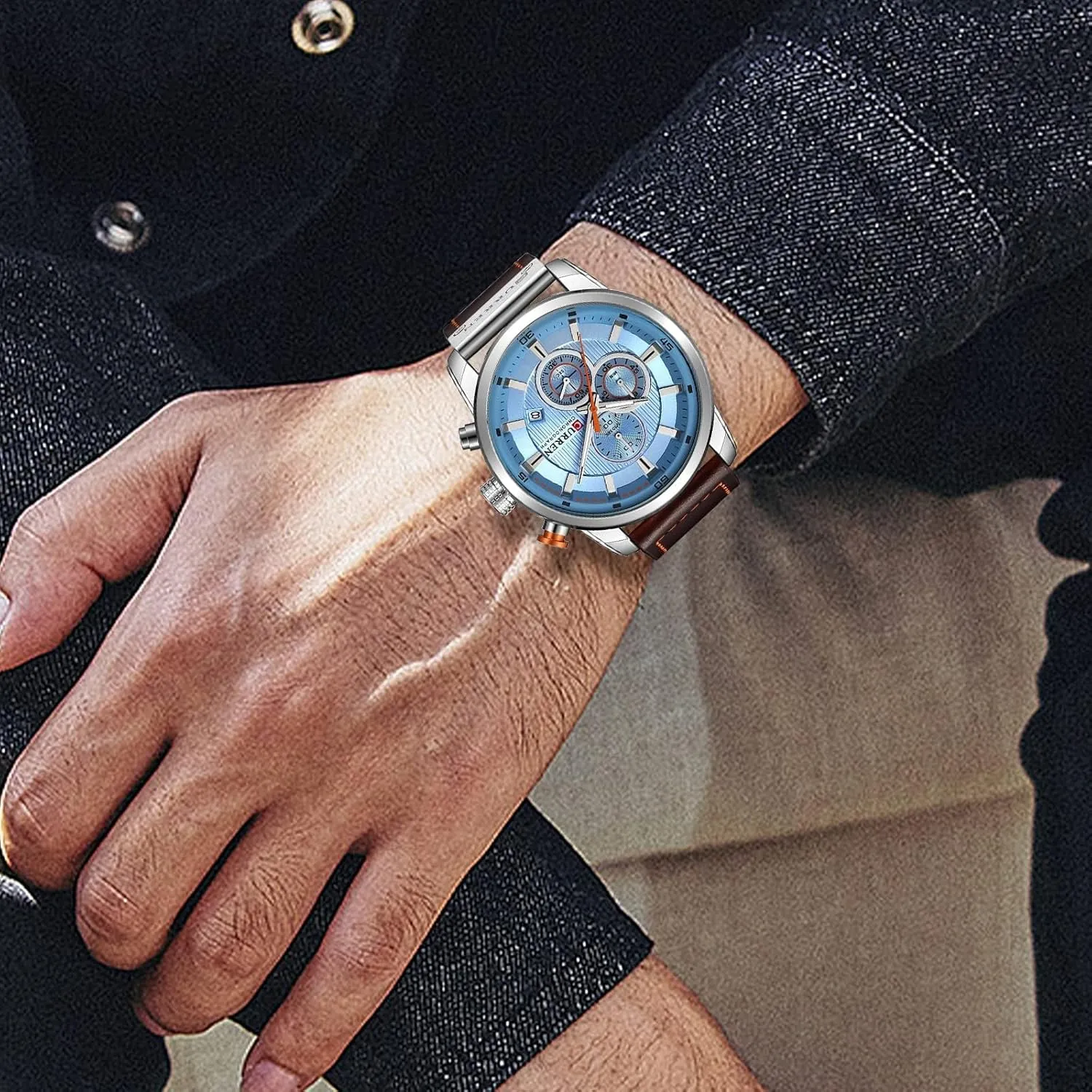 Business Casual Wrist Watch for Men Men Chronograph Sport Watches Brown Leather Strap picky commission matrilinear irrigate sudden cue Quartz Watch 