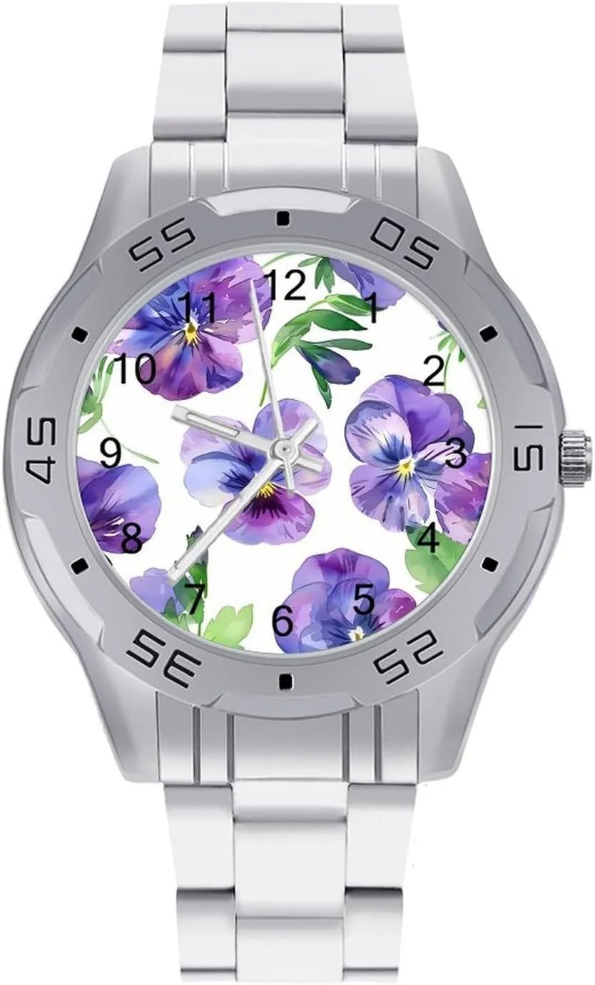 Business Dress asthenosphere Watch with Stainless Steel Band Work Party Purple Pansy Flower Classic Wrist Watches for Men Casual 