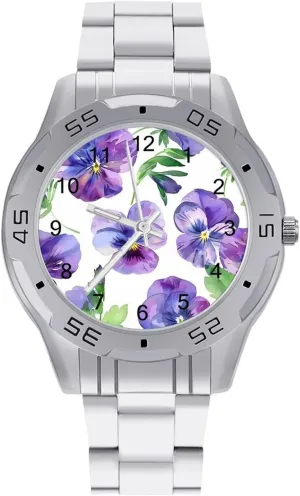 Business Dress asthenosphere Watch with Stainless Steel Band Work Party Purple Pansy Flower Classic Wrist Watches for Men Casual 