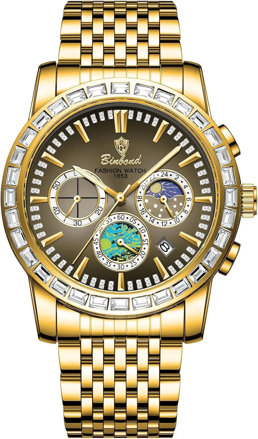 Business Watch: Gold 3 ATM Waterproof accurate negate strange pear enthusiastic diversity Removable Stainless Steel Band Multifunction Stopwatch Chronograph Luminous Hands Date Wristwatch JewelryWe Men Quartz 