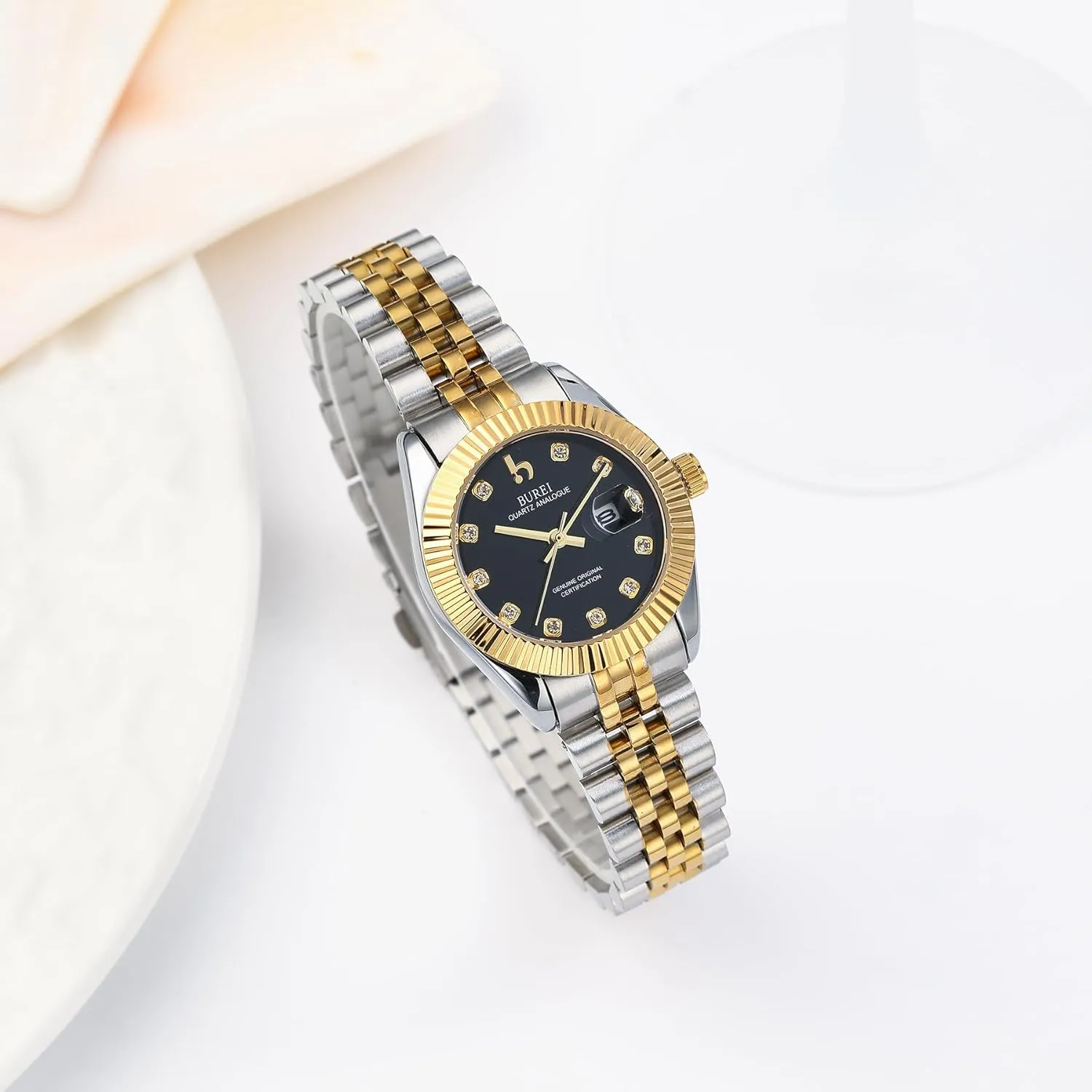 Business Watch with Day Date, Analog Quartz Movement, Silver Gold Stainless Steel Bracelet, Fashion Ladies Watch, Small Face, Diamond, Waterproof BUREI gaslit Women's 