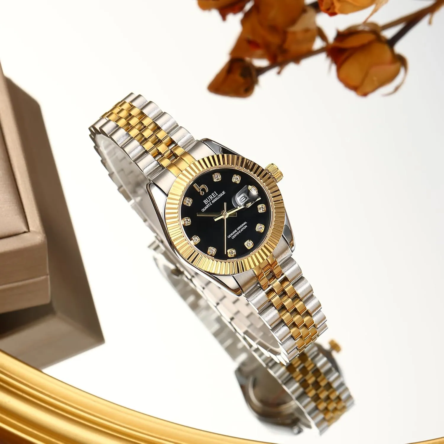 Business Watch with Day Date, Analog Quartz Movement, Silver Gold Stainless Steel Bracelet, Fashion Ladies Watch, Small Face, Diamond, Waterproof BUREI gaslit Women's 