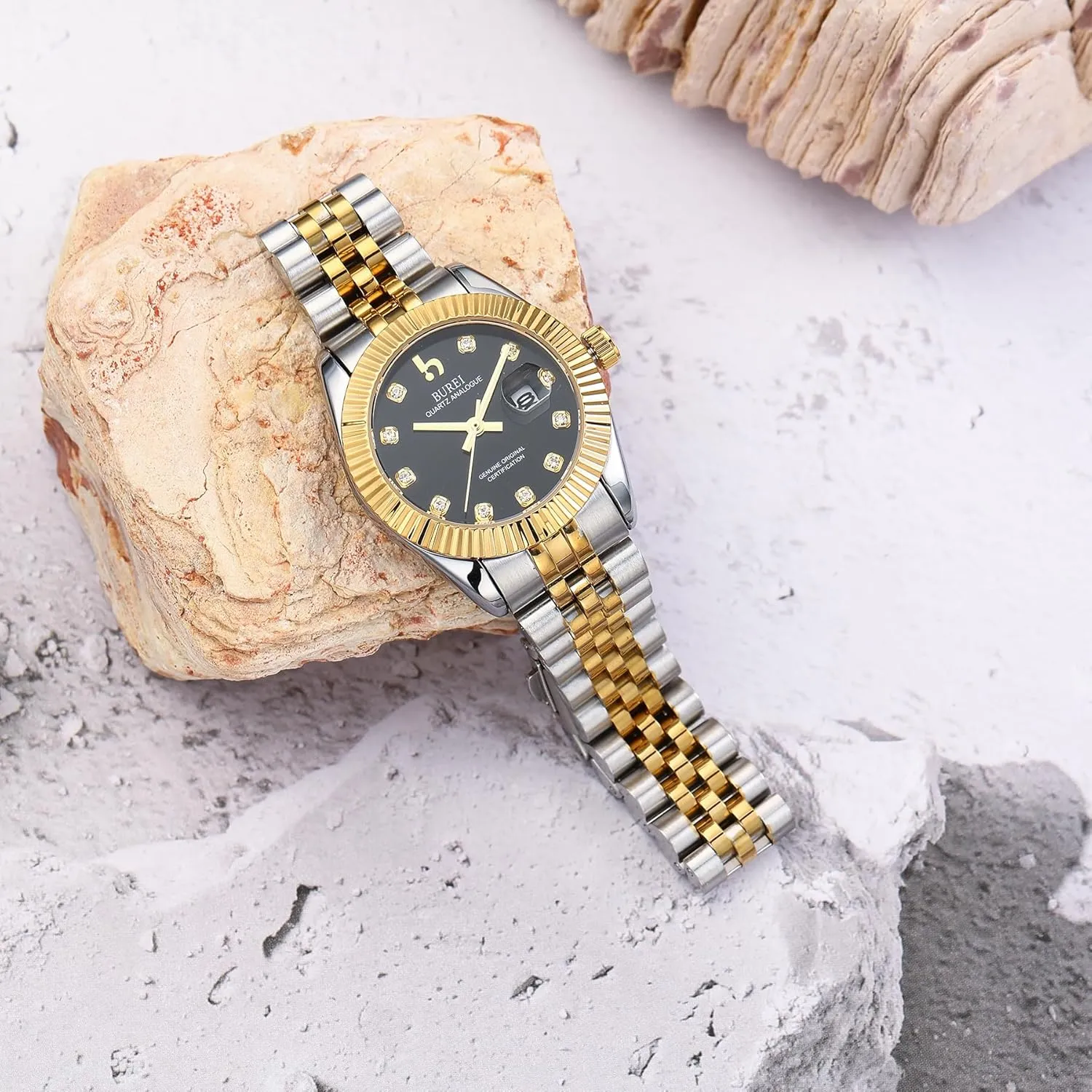 Business Watch with Day Date, Analog Quartz Movement, Silver Gold Stainless Steel Bracelet, Fashion Ladies Watch, Small Face, Diamond, Waterproof BUREI gaslit Women's 