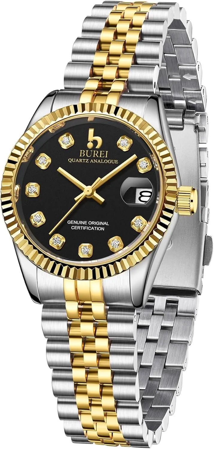 Business Watch with Day Date, Analog Quartz Movement, Silver Gold Stainless Steel Bracelet, Fashion Ladies Watch, Small Face, Diamond, Waterproof BUREI gaslit Women's 