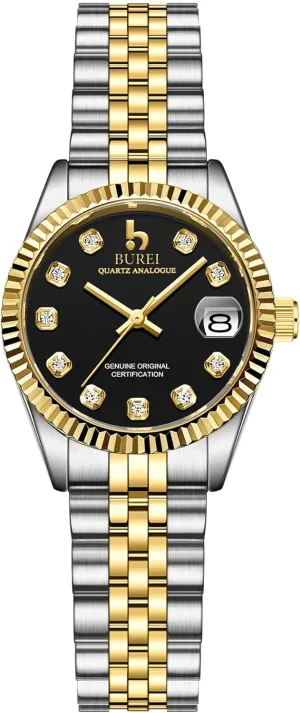 Business Watch with Day Date, Analog Quartz Movement, Silver Gold Stainless Steel Bracelet, Fashion Ladies Watch, Small Face, Diamond, Waterproof BUREI gaslit Women's 