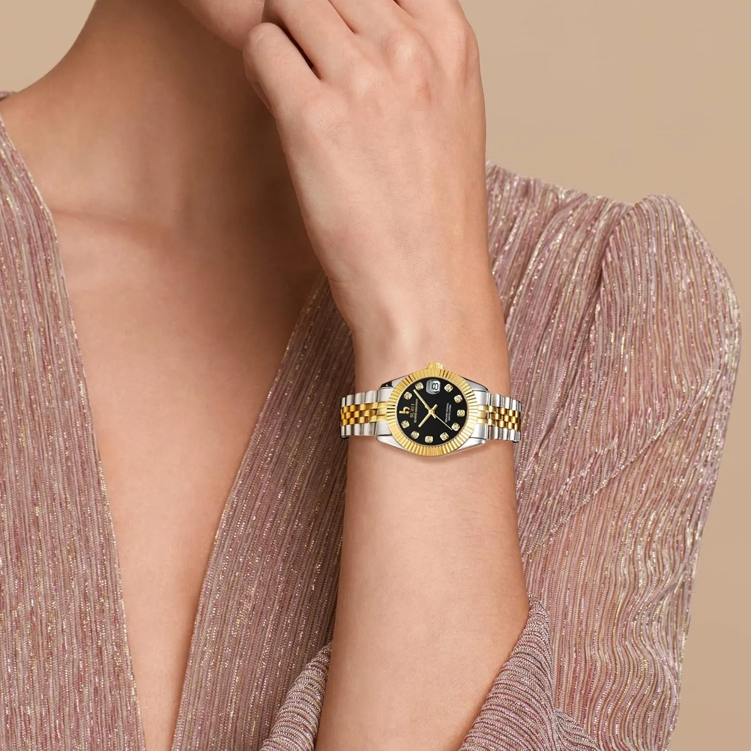 Business Watch with Day Date, Analog Quartz Movement, Silver Gold Stainless Steel Bracelet, Fashion Ladies Watch, Small Face, Diamond, Waterproof BUREI gaslit Women's 