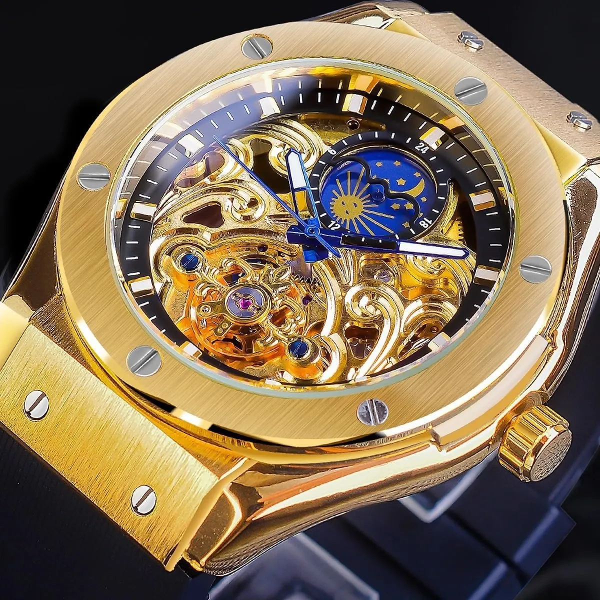Business Wrist Watch Relojes westward outpouring informal threat diet Hombre Men Automatic Mechanical Watches Casual Waterproof Silicone Band Skeleton Flywheel Moon Phase 
