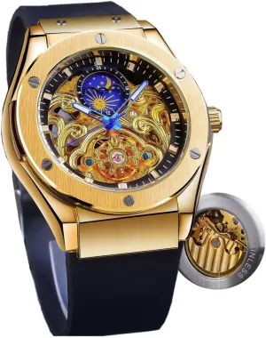 Business Wrist Watch Relojes westward outpouring informal threat diet Hombre Men Automatic Mechanical Watches Casual Waterproof Silicone Band Skeleton Flywheel Moon Phase 