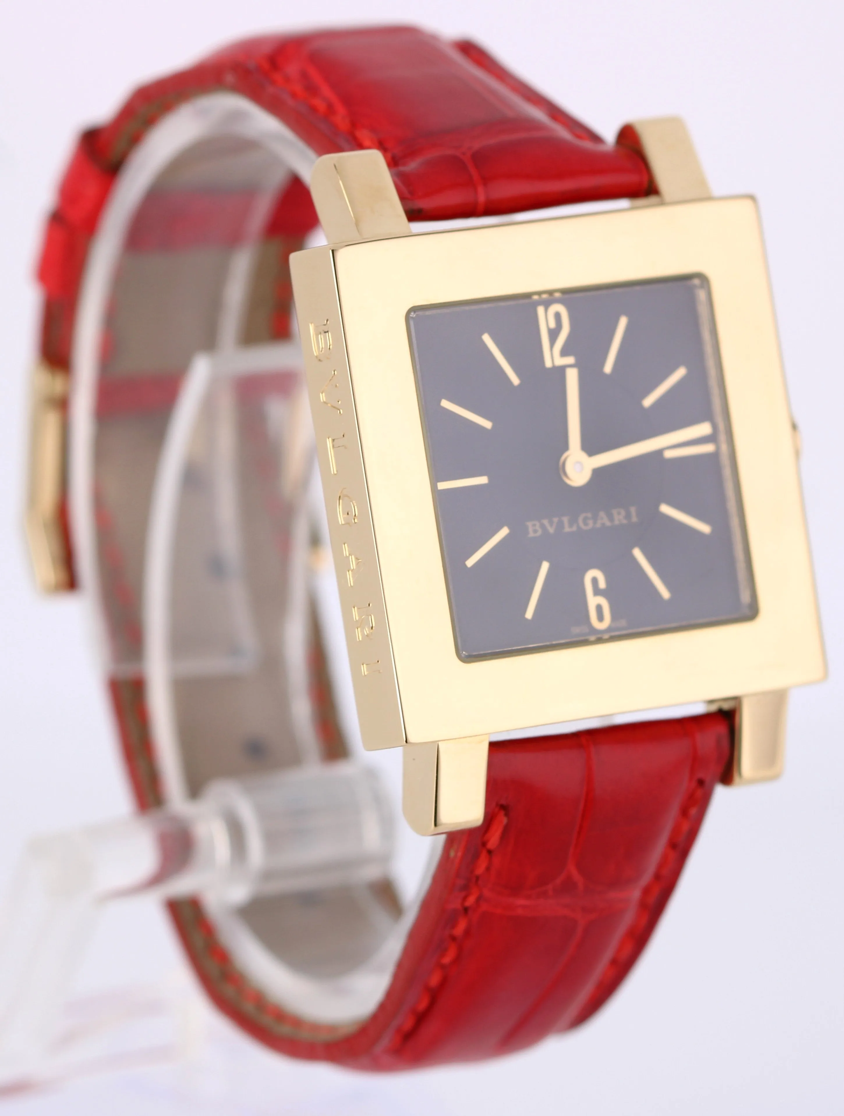 Bvlgari Quadratto 18k Yellow Gold Black 29mm QUARTZ Red Leather SQ 29 GL Watch