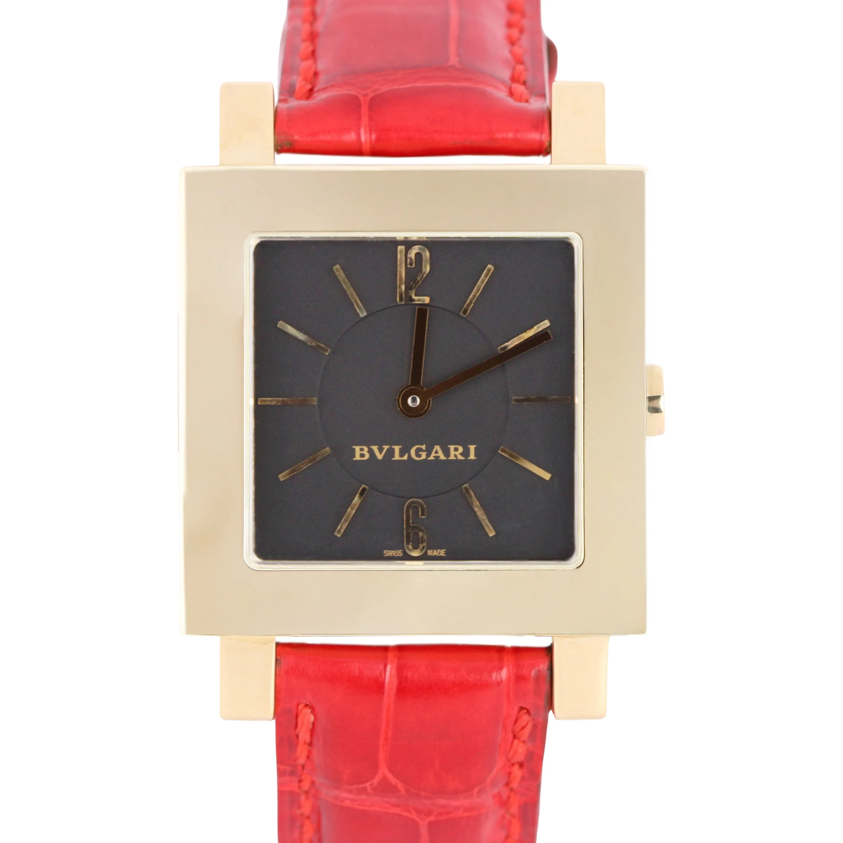 Bvlgari Quadratto 18k Yellow Gold Black 29mm QUARTZ Red Leather SQ 29 GL Watch