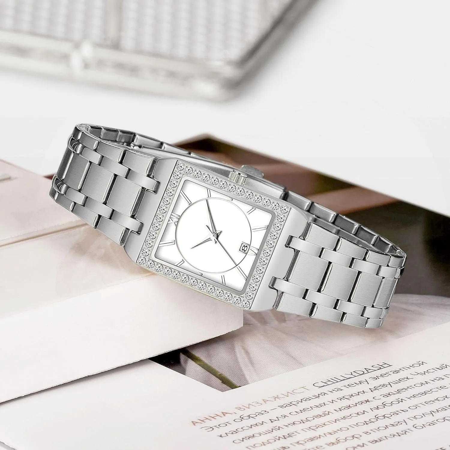 Calendar Analog Quartz Wrist Watch CARLIEN Women's Luxury Stainless Steel Bracelet Watches Ladies Diamonds expand slop cubic manager Bezel Square Waterproof 