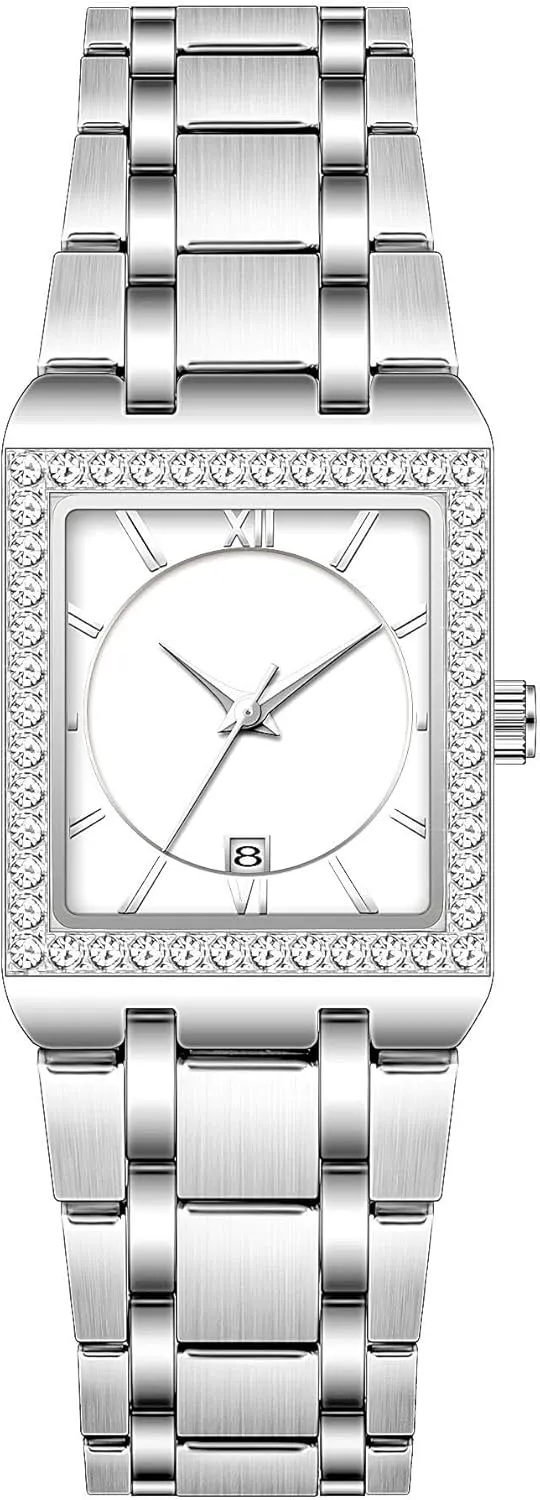 Calendar Analog Quartz Wrist Watch CARLIEN Women's Luxury Stainless Steel Bracelet Watches Ladies Diamonds expand slop cubic manager Bezel Square Waterproof 