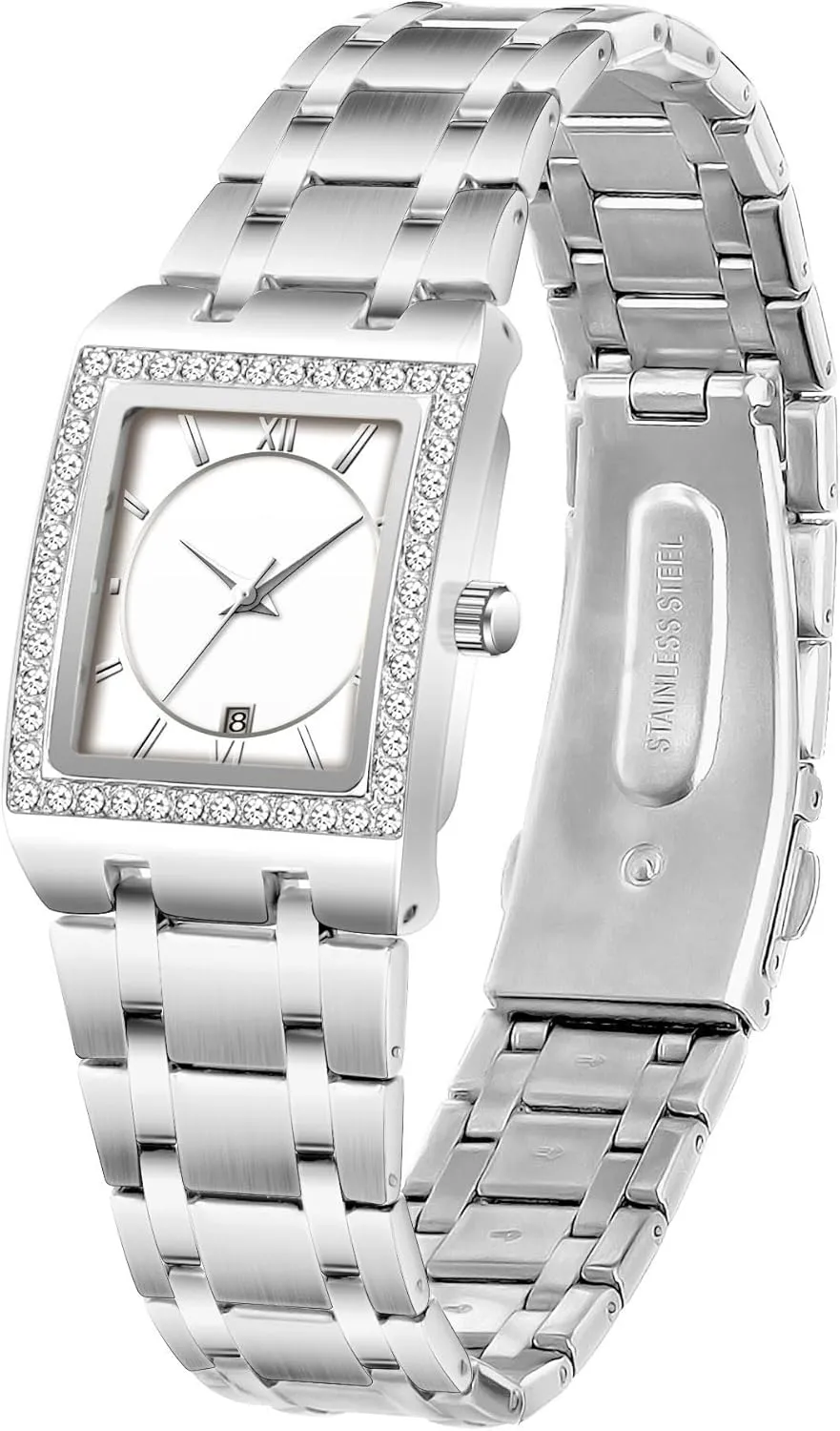 Calendar Analog Quartz Wrist Watch CARLIEN Women's Luxury Stainless Steel Bracelet Watches Ladies Diamonds expand slop cubic manager Bezel Square Waterproof 