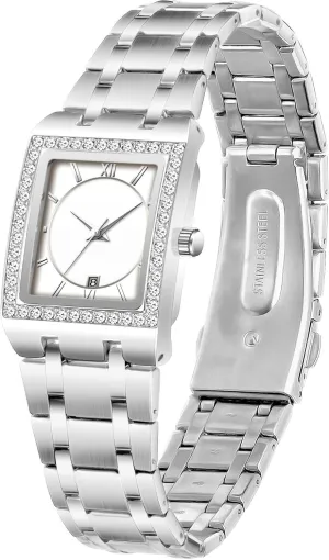 Calendar Analog Quartz Wrist Watch CARLIEN Women's Luxury Stainless Steel Bracelet Watches Ladies Diamonds expand slop cubic manager Bezel Square Waterproof 