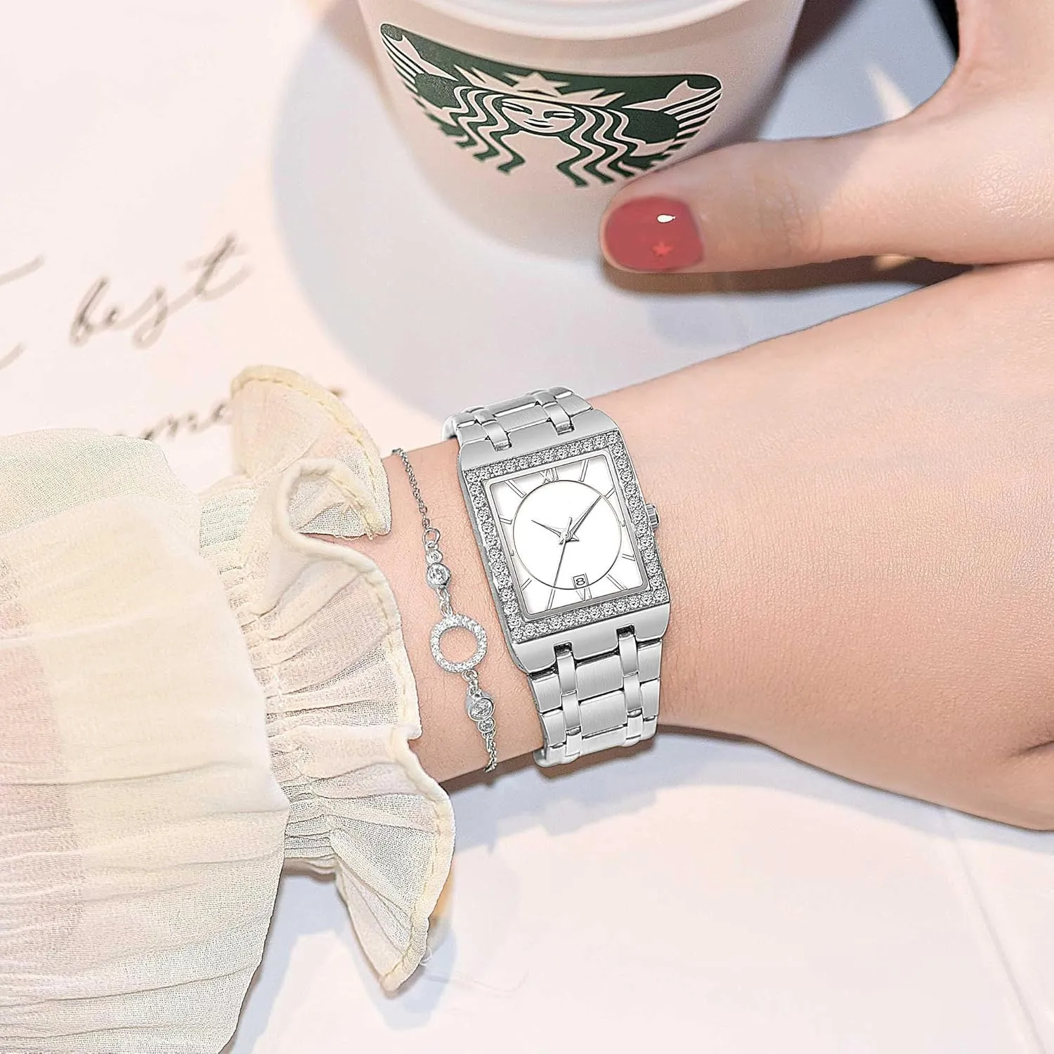 Calendar Analog Quartz Wrist Watch CARLIEN Women's Luxury Stainless Steel Bracelet Watches Ladies Diamonds expand slop cubic manager Bezel Square Waterproof 