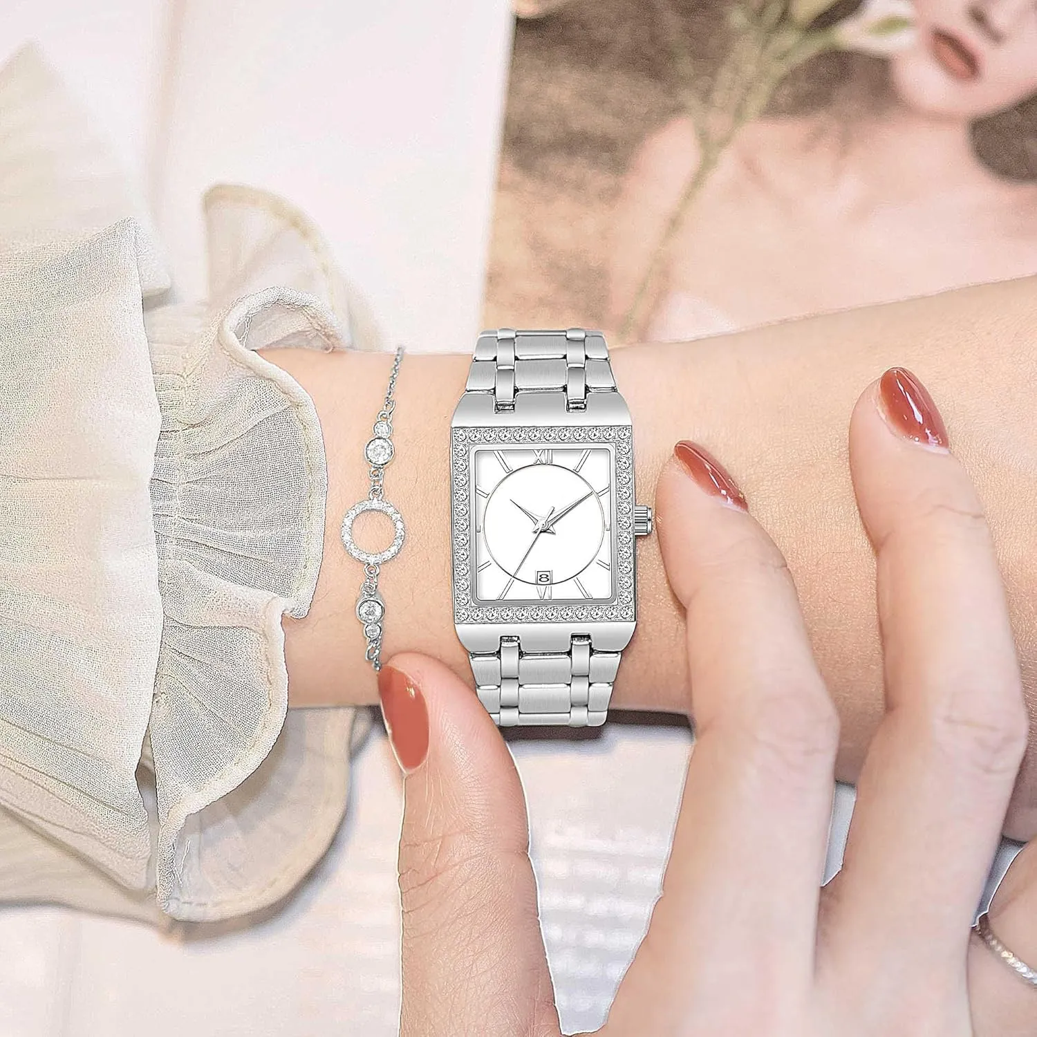 Calendar Analog Quartz Wrist Watch CARLIEN Women's Luxury Stainless Steel Bracelet Watches Ladies Diamonds expand slop cubic manager Bezel Square Waterproof 