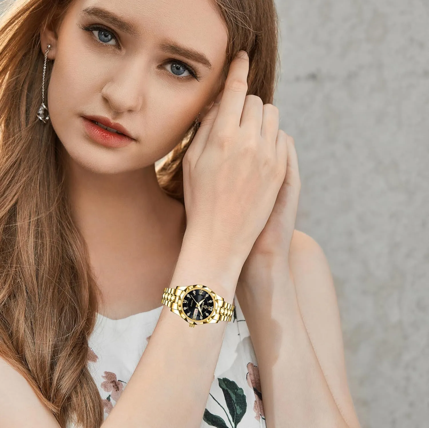 Calendar, Gold and Silver Tone Gosasa Luxury Men's and Women's Business delta Diamond Stainless Steel Waterproof Roman Numeral Analog Quartz Watch with Day-Date 