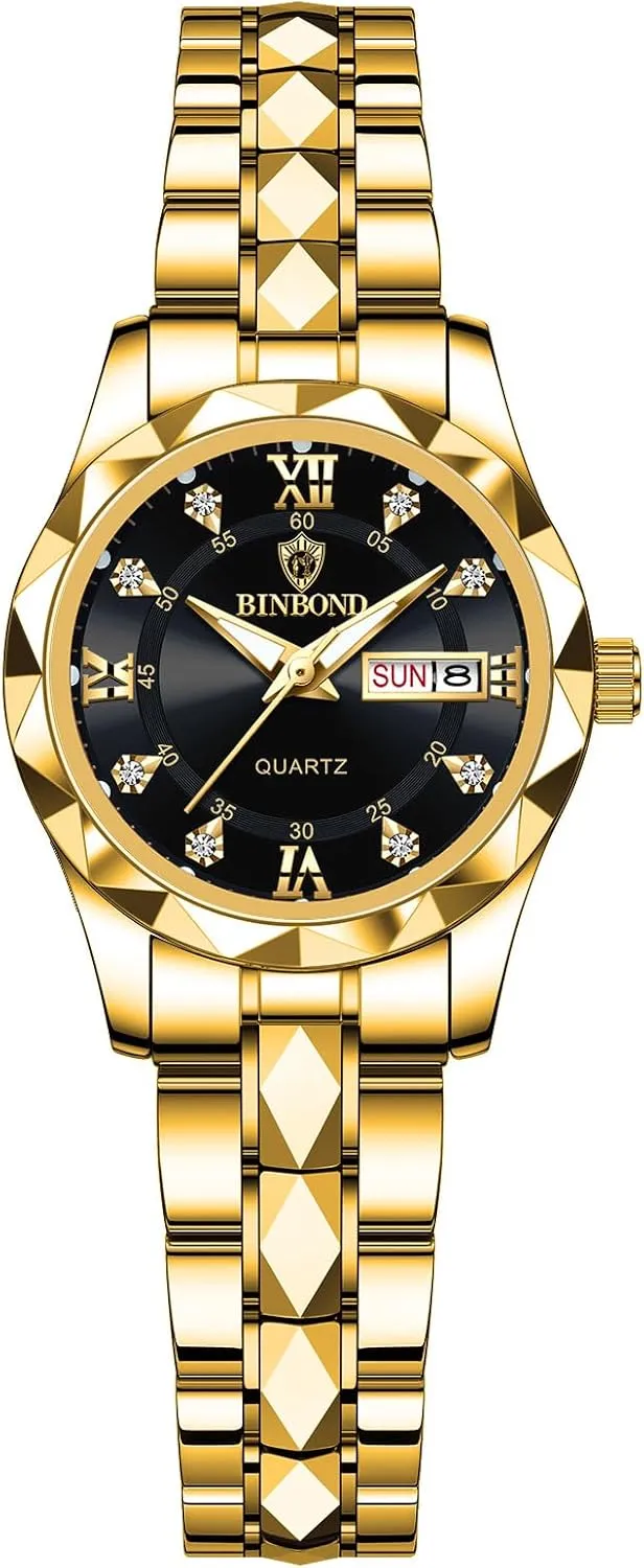 Calendar, Gold and Silver Tone Gosasa Luxury Men's and Women's Business delta Diamond Stainless Steel Waterproof Roman Numeral Analog Quartz Watch with Day-Date 