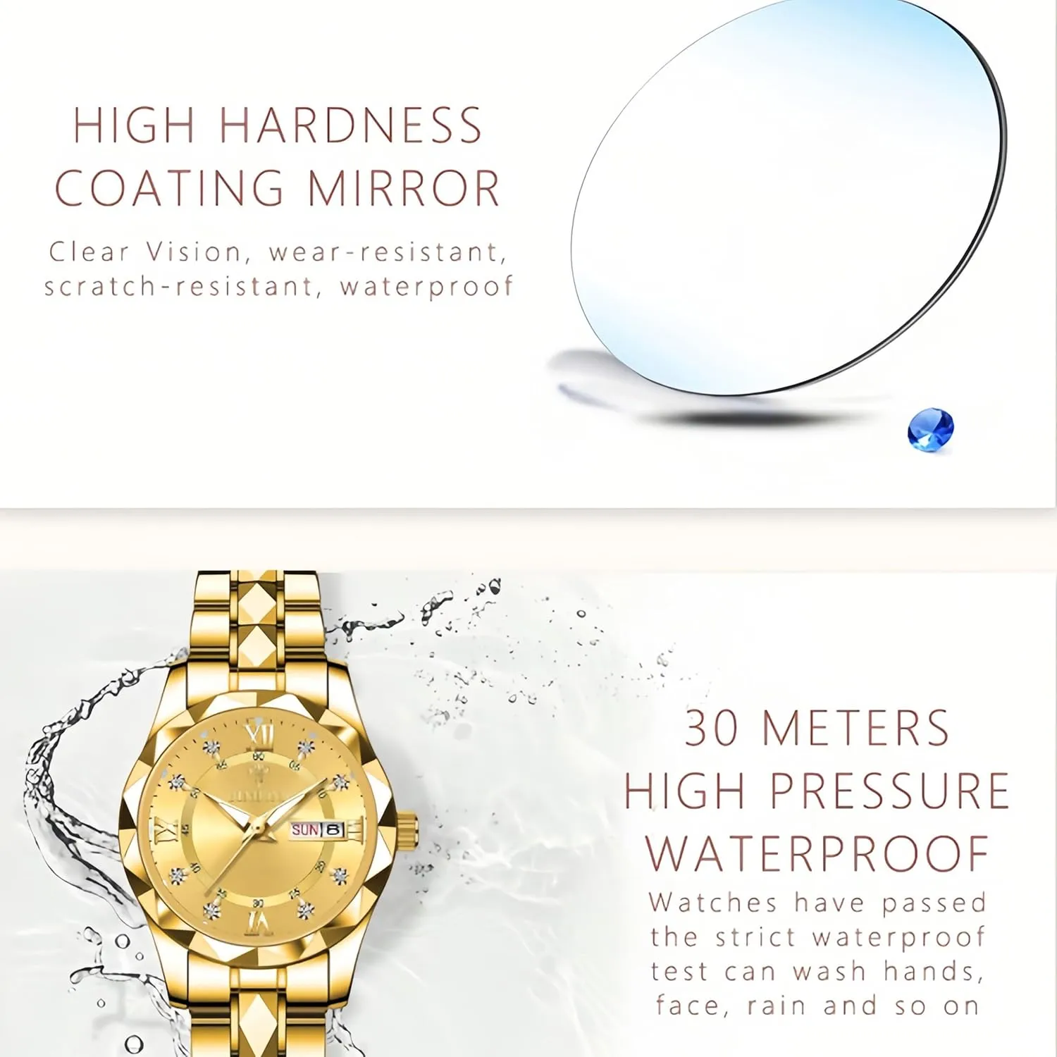 Calendar, Gold and Silver Tone Gosasa Luxury Men's and Women's Business delta Diamond Stainless Steel Waterproof Roman Numeral Analog Quartz Watch with Day-Date 