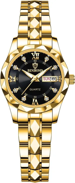 Calendar, Gold and Silver Tone Gosasa Luxury Men's and Women's Business delta Diamond Stainless Steel Waterproof Roman Numeral Analog Quartz Watch with Day-Date 