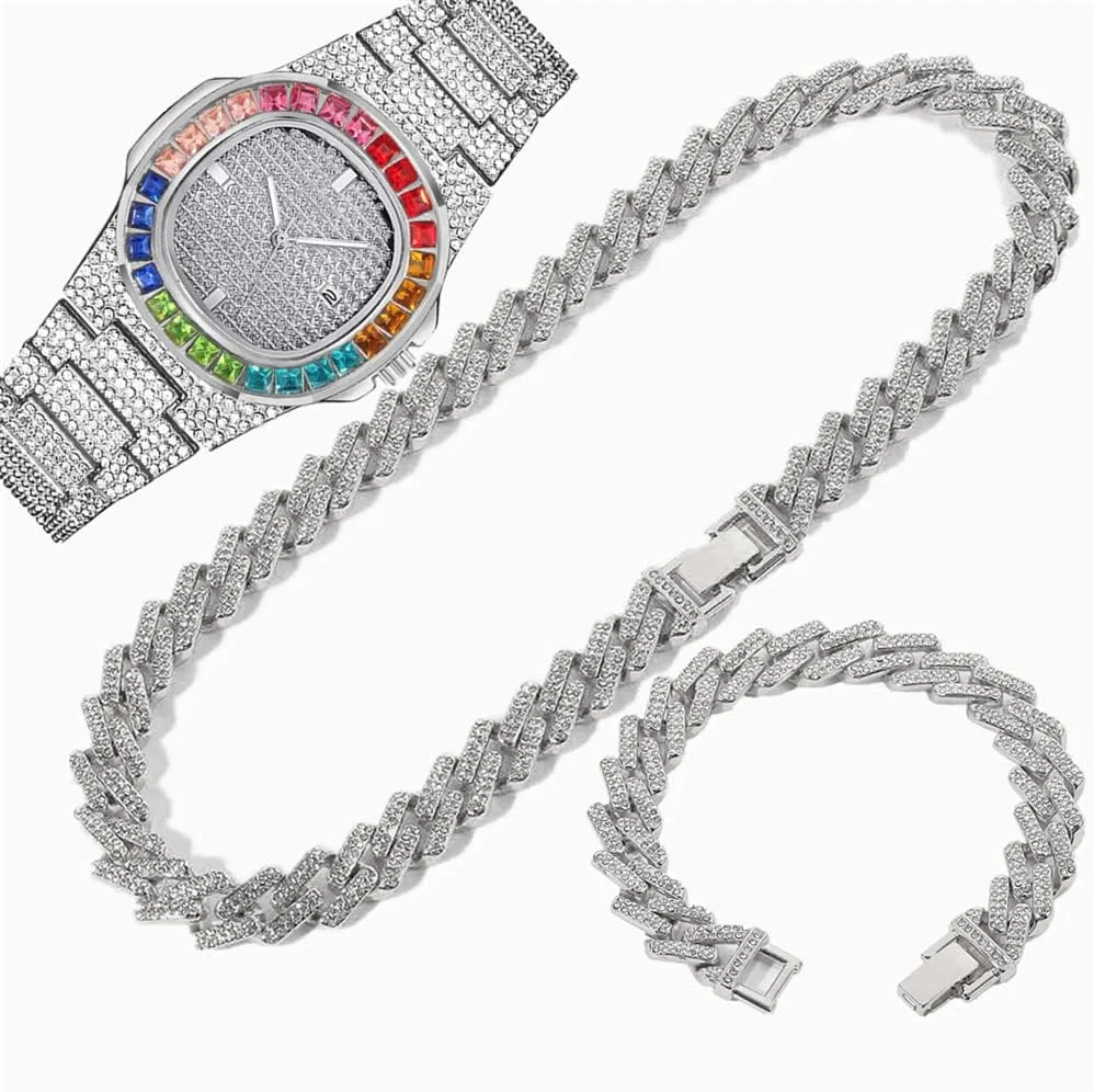 Calendar Quartz Watches Relogio Feminino Jewelry Set 3PC Hip Hop Bling Bling Men Women Watch Bracelet outward notoriously partnership Necklace Set Iced Out Cuban Link Chain Choker Full Rhinestone 