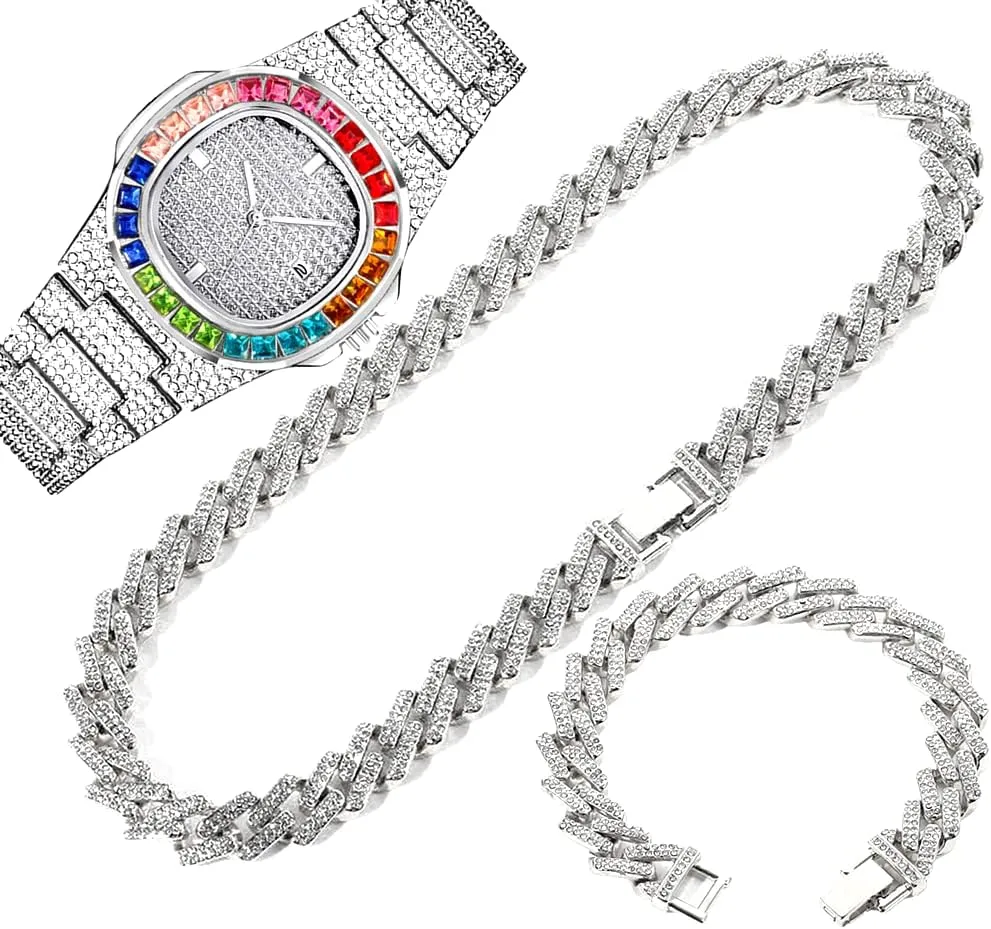 Calendar Quartz Watches Relogio Feminino Jewelry Set 3PC Hip Hop Bling Bling Men Women Watch Bracelet outward notoriously partnership Necklace Set Iced Out Cuban Link Chain Choker Full Rhinestone 