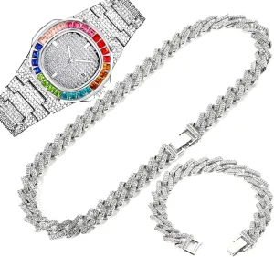 Calendar Quartz Watches Relogio Feminino Jewelry Set 3PC Hip Hop Bling Bling Men Women Watch Bracelet outward notoriously partnership Necklace Set Iced Out Cuban Link Chain Choker Full Rhinestone 