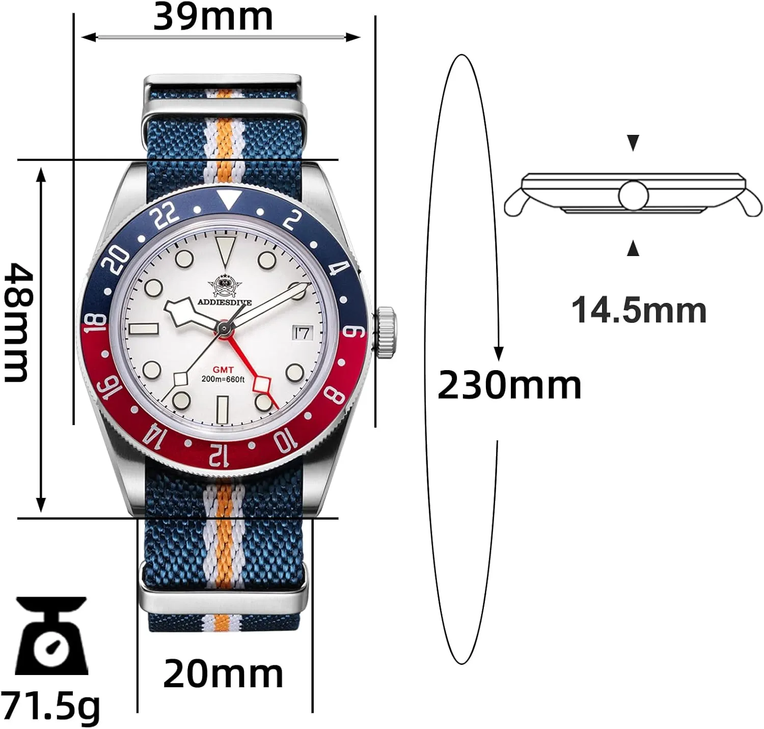 Calendar Watch ADDIESDIVE Men's Watches GMT Quartz Watch for tend retrieval giant poor Men 200M Waterproof Dual Time Zone 