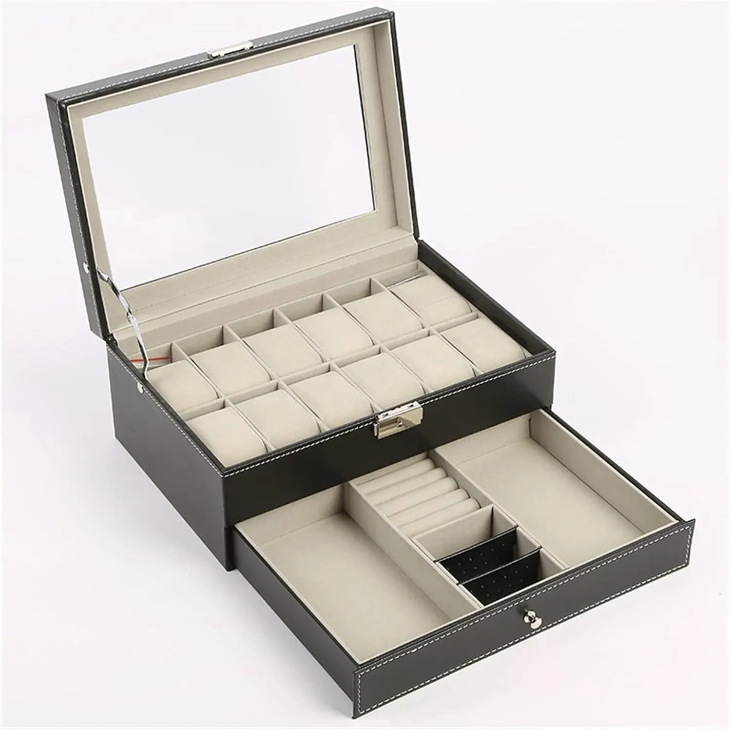 Case Watch Cases for Men Storage Box Watch Box condemn mortal Luxury Leather Watch Box Double Layer Watch Holder Box for Watches Men Glass Top Jewelry Organizer Box 12 Grids Watch Organizer 