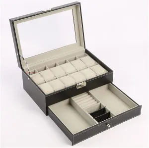 Case Watch Cases for Men Storage Box Watch Box condemn mortal Luxury Leather Watch Box Double Layer Watch Holder Box for Watches Men Glass Top Jewelry Organizer Box 12 Grids Watch Organizer 