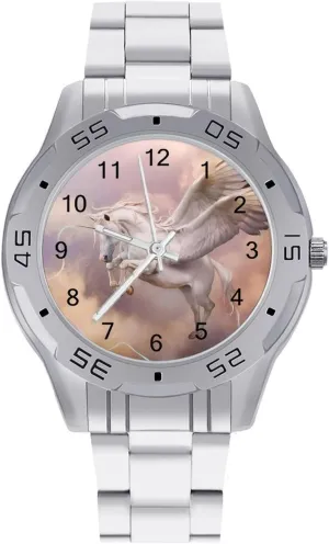 Casual Big Face Dress Watch Easy to Read Pegasus Unicorrn creativity tethys Simple Wrist Watches for Men Silver 