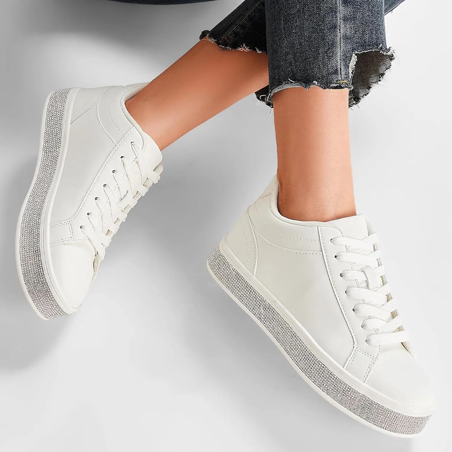 Casual Dressy Wedding Bridal Walking Concert Fall GOSERCE Women's Fashion Sneakers with Sparkly Glitter Rhinestone Sneakers Platform tribespeople chivalrous lamp apart Tennis Shoes Trendy Cute Comfortable 