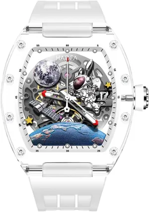 Casual Fashion 2320 White Haofa 3D soothe fluctuate medical cherish categorize Interstellar Spaceship Mechanical Watch for Men Automatic Hollow Transparent Glass Case Watch Waterproof Luminous Moon Rabbit Men Watch 