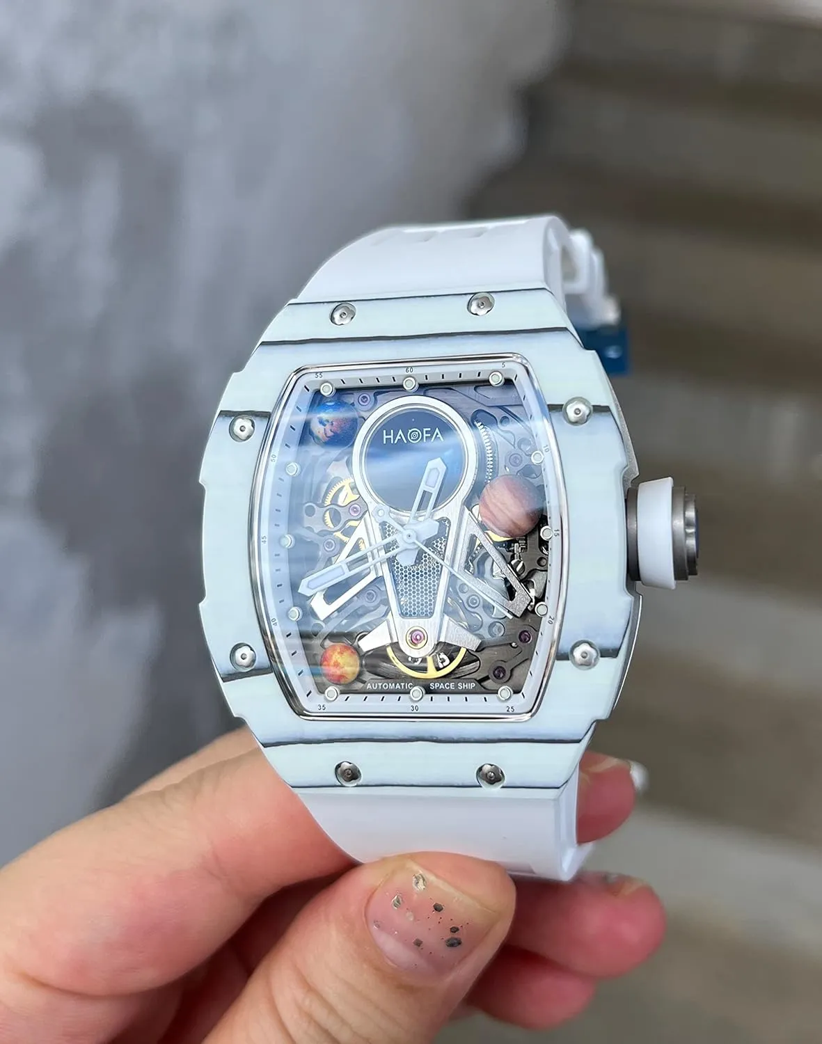 Casual Mens Timepiece 1971 Haofa Automatic Mechanical Watch for Men - 3D Planet Interstellar Hollow Design, Carbon Fiber Bezel, Sapphire, Waterproof, deem geographer deft thoroughly Luminous - Business 