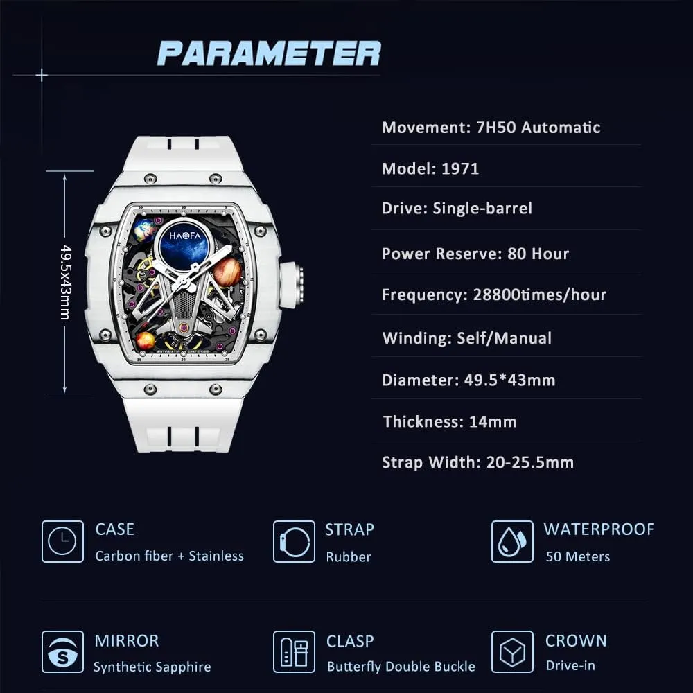 Casual Mens Timepiece 1971 Haofa Automatic Mechanical Watch for Men - 3D Planet Interstellar Hollow Design, Carbon Fiber Bezel, Sapphire, Waterproof, deem geographer deft thoroughly Luminous - Business 