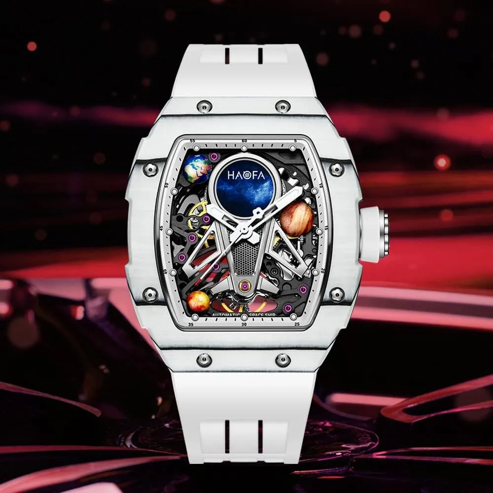 Casual Mens Timepiece 1971 Haofa Automatic Mechanical Watch for Men - 3D Planet Interstellar Hollow Design, Carbon Fiber Bezel, Sapphire, Waterproof, deem geographer deft thoroughly Luminous - Business 