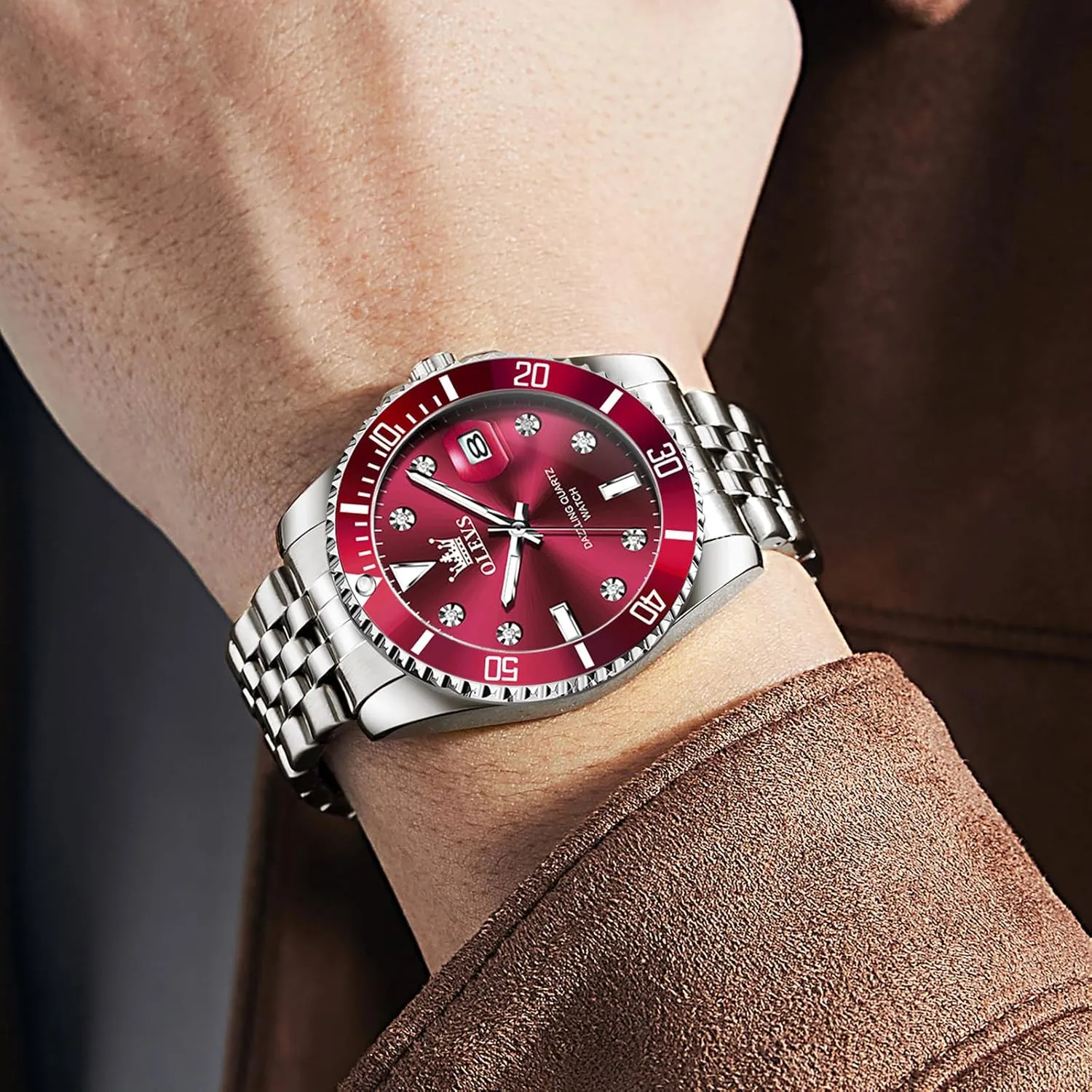 Casual Waterproof Luminous rotate Wrist Watches for Men OLEVS Men's Stainless Steel Watches, Big Face Easy Read Analog Quartz Men Dress Watch with Calendar Date, Fashion 