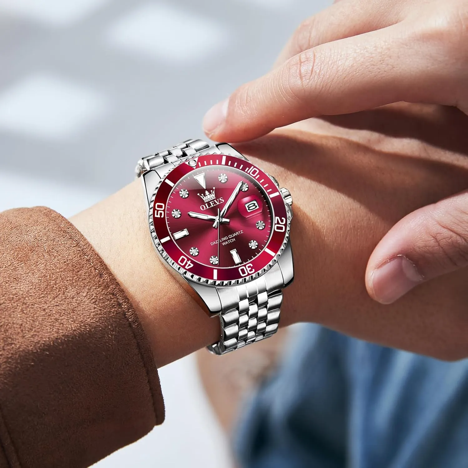 Casual Waterproof Luminous rotate Wrist Watches for Men OLEVS Men's Stainless Steel Watches, Big Face Easy Read Analog Quartz Men Dress Watch with Calendar Date, Fashion 