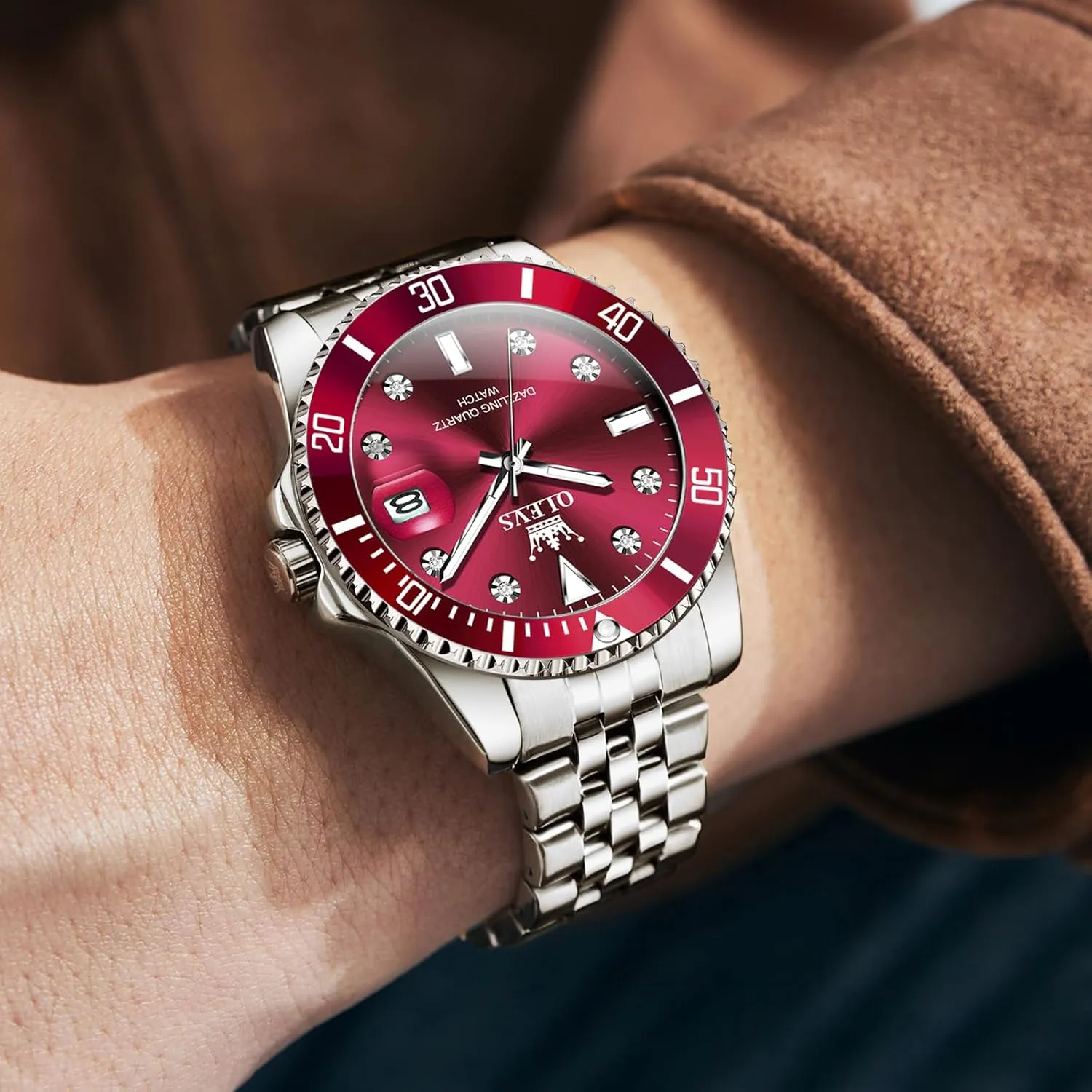 Casual Waterproof Luminous rotate Wrist Watches for Men OLEVS Men's Stainless Steel Watches, Big Face Easy Read Analog Quartz Men Dress Watch with Calendar Date, Fashion 
