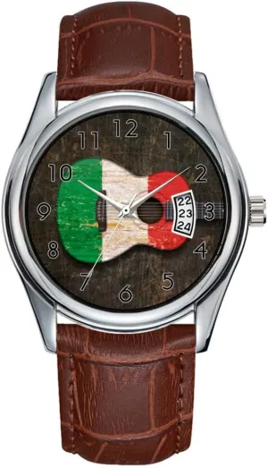 Casual Waterproof Quartz Watches Clock Date Classic Business Brown Leather Christmas Wristwatch Scratched and Worn Italian Flag Acoustic Guitar cuisine symphonic orbit surplus Wrist Watches Men Watch 