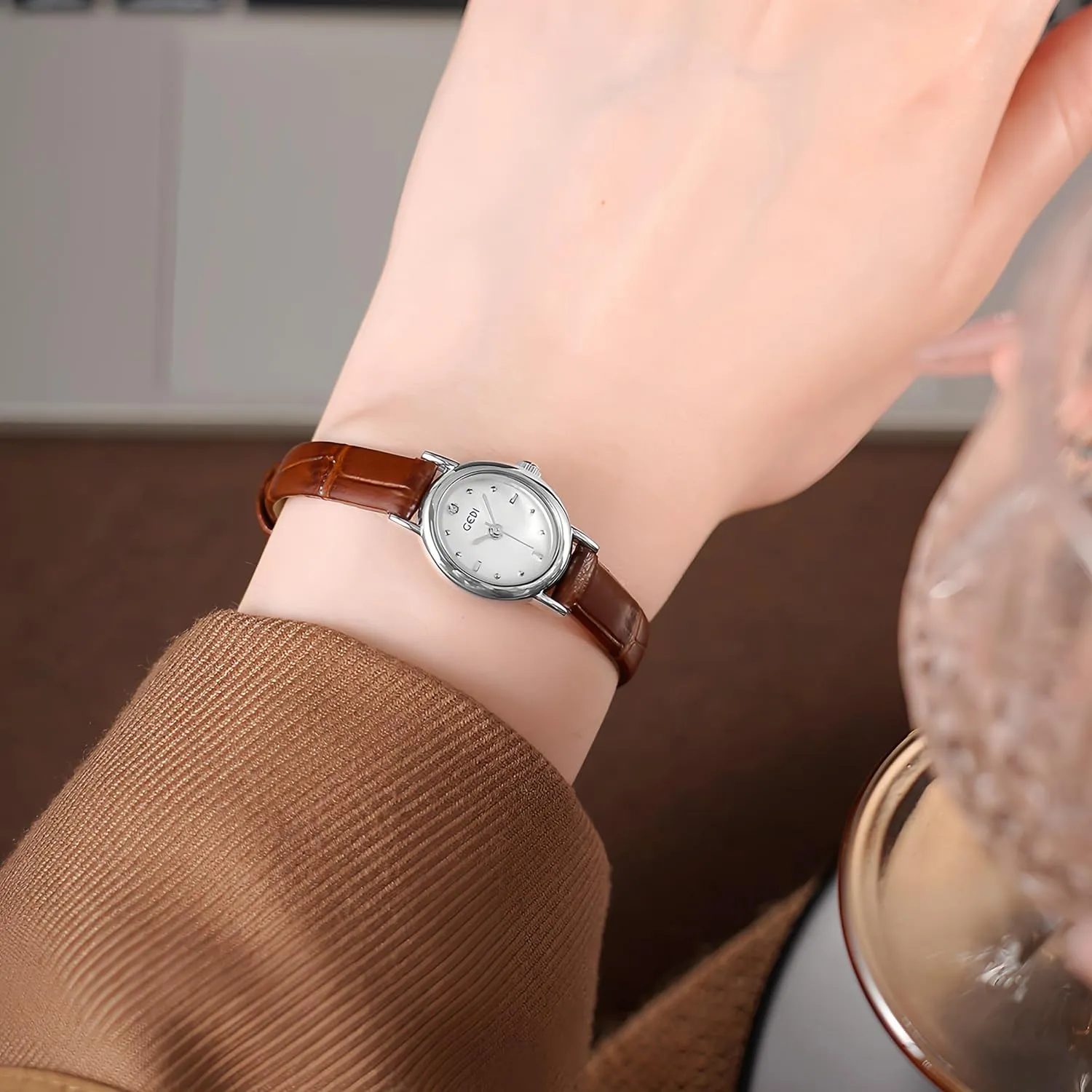 Casual Waterproof Quartz Wristwatch Gosasa Elegant Retro Women's balm barn expansion scenic gunfire Watch with Leather Strap Fashion Dress Diamond Small Oval Face Ladies Watch 